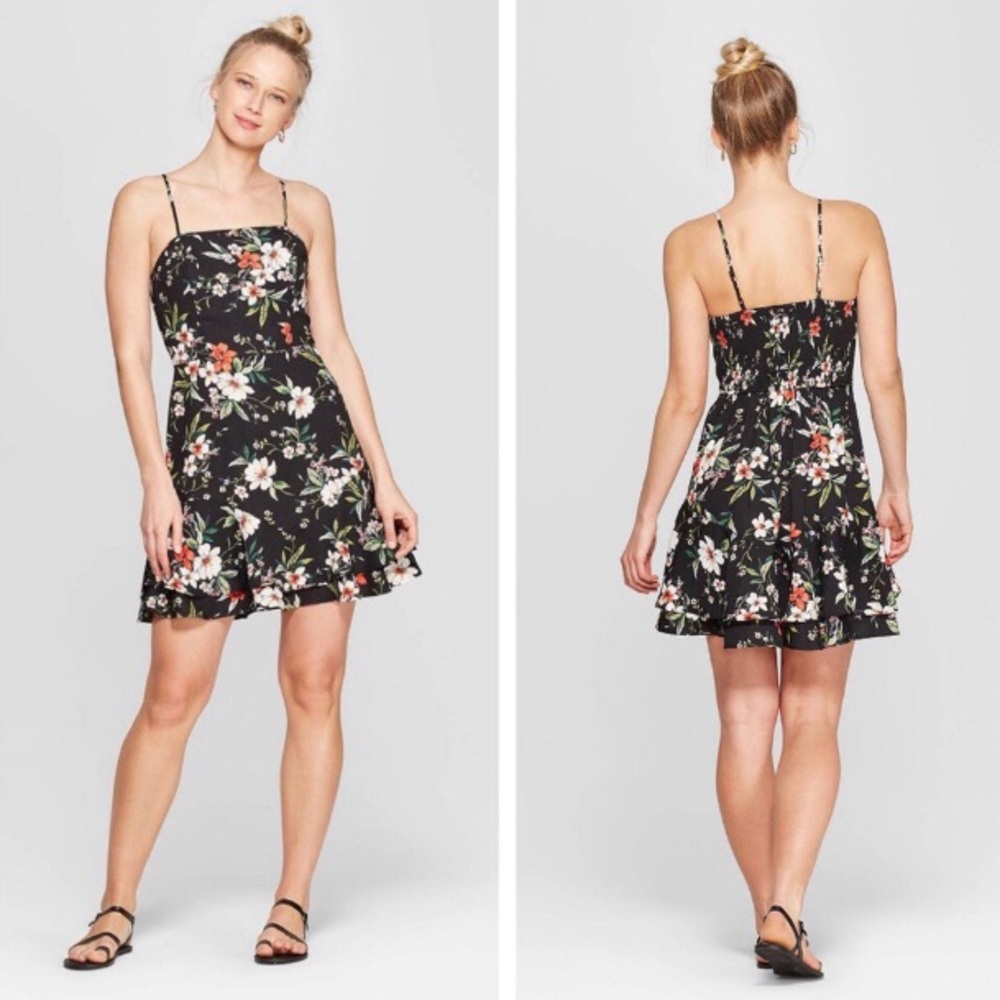 “Xhilaration” strappy black floral mini-dress, slight ruffle bottom, jr. sz S